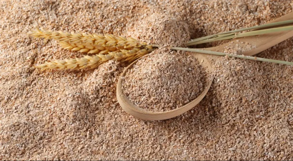 Farinha de trigo: guia completo sobre tipos, usos e benefícios 3 Uma colher de madeira rústica cheia de farinha de trigo integral, com textura granulada e tons terrosos. Duas espigas de trigo secas estão posicionadas sobre uma camada abundante de farelo.