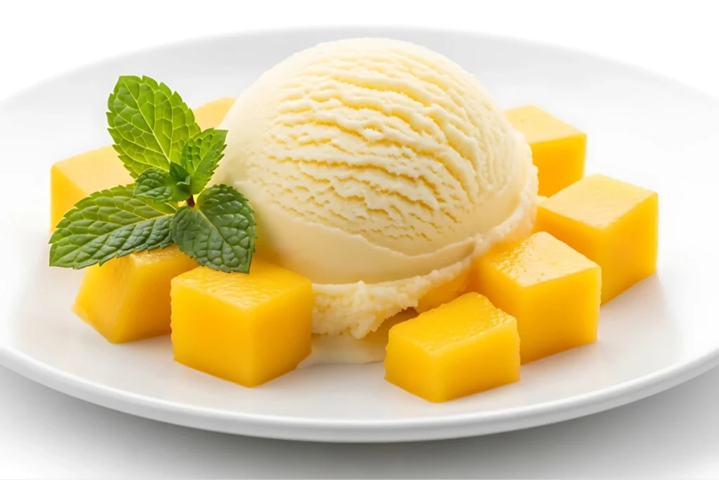 Como fazer sorvete de manga: 4 receitas fáceis de fazer em casa 1 Uma bola de sorvete de manga de cor amarela clara em um prato branco, cercada por cubos de manga fresca e hortelã.