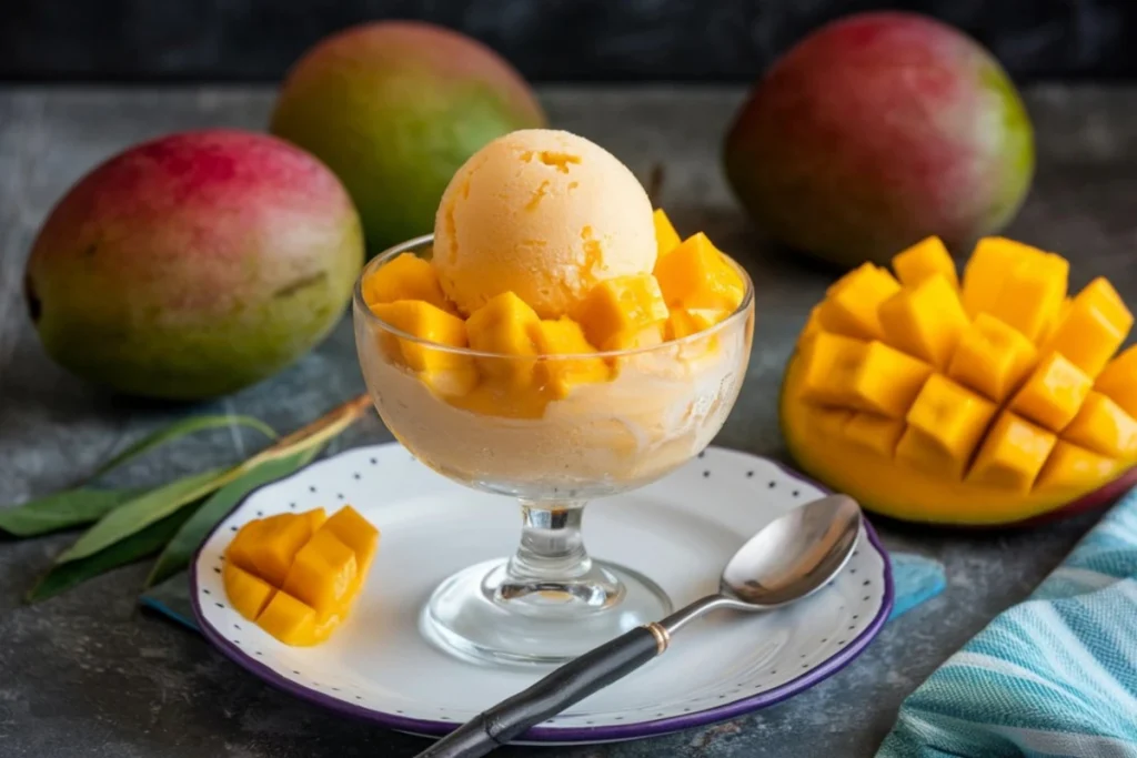 Como fazer sorvete de manga: 4 receitas fáceis de fazer em casa 3 Um sorvete de manga servido em uma taça elegante, decorada com cubos de fruta. Ao fundo, mangas inteiras e uma manga cortada em formato de "porco-espinho" ilustram os ingredientes naturais.