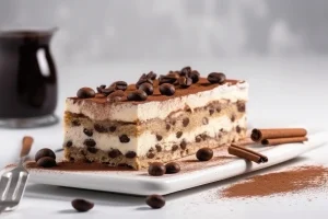 Foto de tiramisù italiano servido em prato branco, com camadas de creme e cacau em pó por cima.