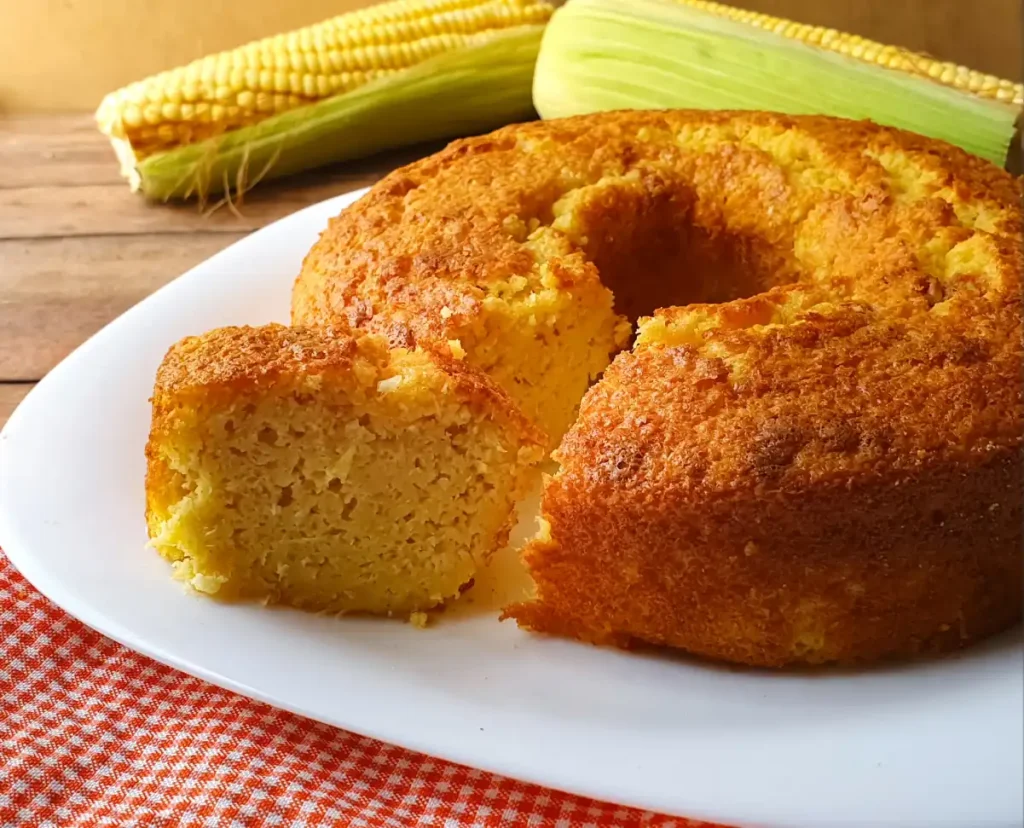  Bolo de pamonha cortado sobre prato de louça, com espigas de milho verdes na palha em destaque ao fundo.