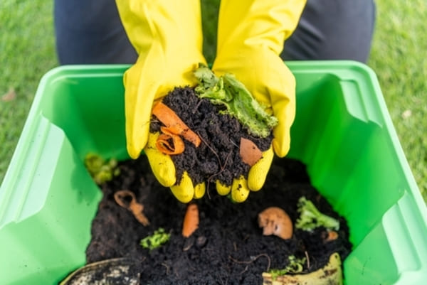 Composteira doméstica com resíduos orgânicos de cozinha, como cascas de frutas e vegetais, sendo reciclados para produção de adubo natural, destacando práticas sustentáveis de ecologia e reaproveitamento.