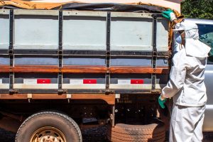 Trabalhadora rural em Nuporanga, São Paulo, alimentando peixes em um viveiro, utilizando equipamentos de proteção individual como botas e luvas.