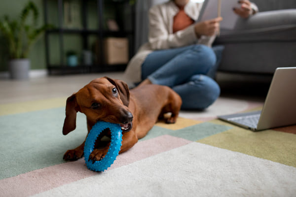 Close-up de cachorro Basset Hound brincando com brinquedo para mastigar, deitado sobre superfície clara, em momento de diversão. 