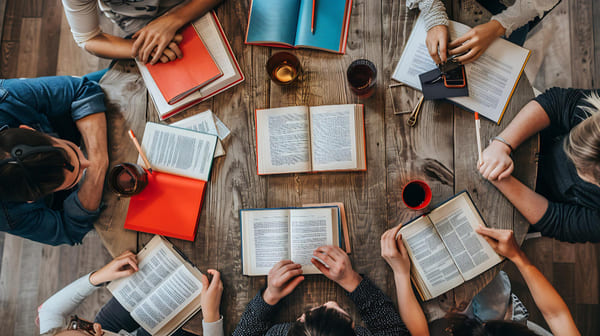 Vai passar o carnaval em casa? Confira 8 ideias criativas para curtir a folia sem sair do lar 7 Grupo de amigos sentados ao redor de uma mesa lendo livros, vestidos com roupas casuais e sorrindo, criando um clima descontraído de clube do livro.