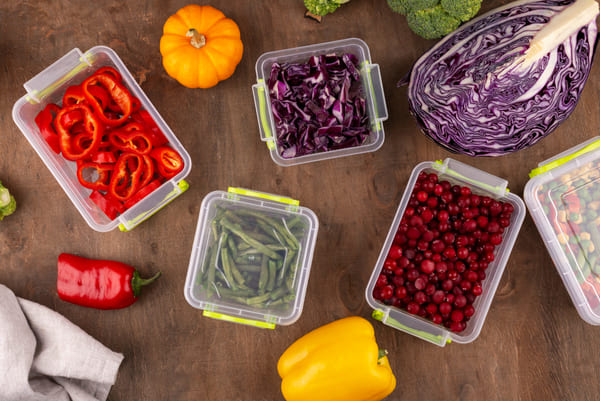 Mulher abrindo a gaveta da geladeira cheia de legumes frescos. 