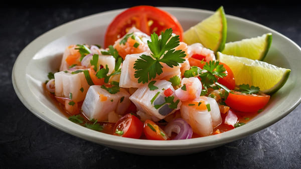 Ceviche peruano servido em tigela, preparado com peixe cru marinado em suco cítrico, acompanhado de cebola roxa, pimentas e ervas frescas.