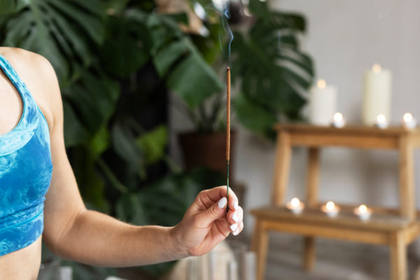 Como limpar energia da casa? Técnicas de limpeza para renovar seu lar 5 Mulher sentada em posição de ioga dentro de casa, segurando um incenso aceso, criando um ambiente de calma e limpeza energética.