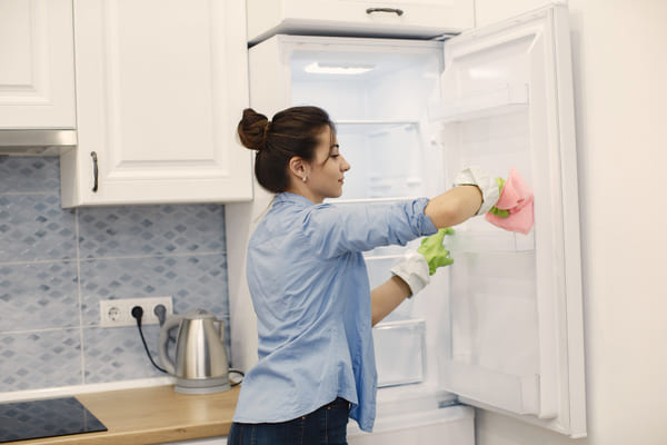 Mulher organizando a geladeira em casa, vestindo camisa azul, enquanto arruma alimentos nas prateleiras. 