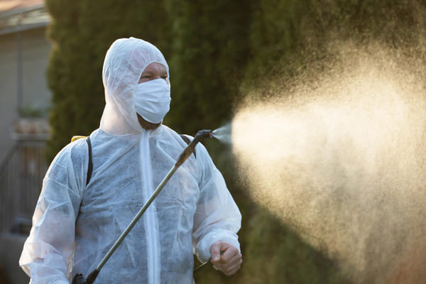 Homem usando pulverizador agrícola para irrigação ou aplicação de defensivos. 