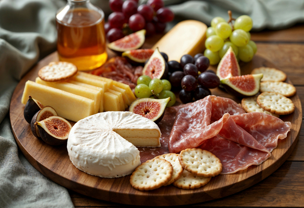 Como preparar uma ceia de Ano Novo para dois: 3 dicas de cardápio cheios de sabor 3 Tábua de frios com queijos e carnes servida em mesa decorada para celebração de Ano Novo, acompanhada de frutas.