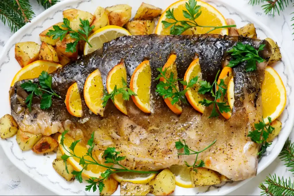 O que servir no almoço de Páscoa: 3 sugestões de cardápios completos para a família 2 Peixe inteiro assado com rodelas de laranja, batatas douradas e ervas frescas, uma receita para o almoço de Páscoa.