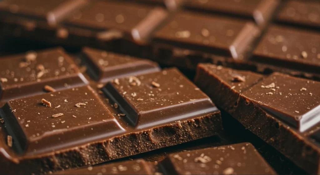 Close-up de pedaços de uma barra de chocolate ao leite com raspas finas por cima.