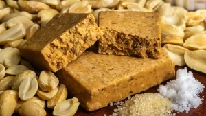 Pilha de pedaços de paçoca, cercados por amendoim e açúcar