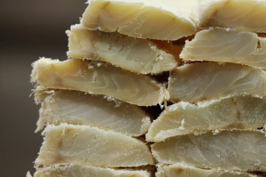 Pilha de lombos de bacalhau, destacando seu aspecto amarelado e a presença de sal.