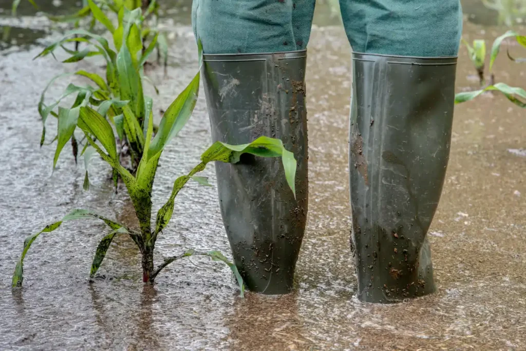Planta de milho em área alagada, sofrendo os efeitos do estresse hídrico.