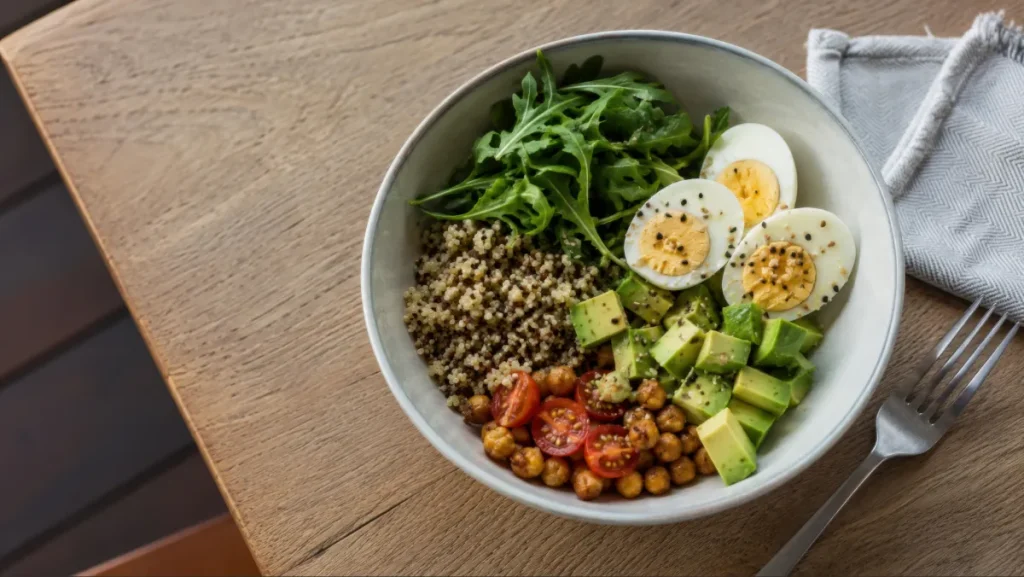 Bowl de salada saudável com quinoa, ovos cozidos salpicados com gergelim, cubos de abacate, rúcula fresca, grão-de-bico crocante e tomates-cereja, servido sobre mesa de madeira.