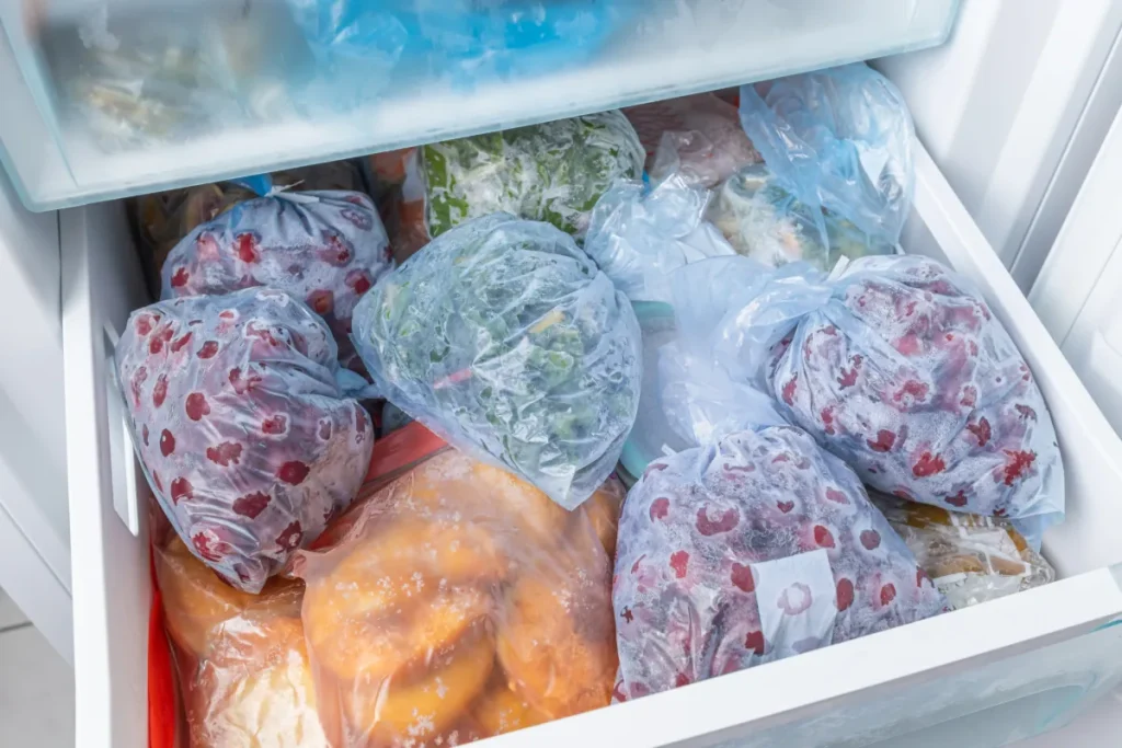 Gaveta de freezer aberta e cheia de alimentos congelados guardados em sacos plásticos transparentes, incluindo frutas vermelhas, vegetais verdes e polpas.