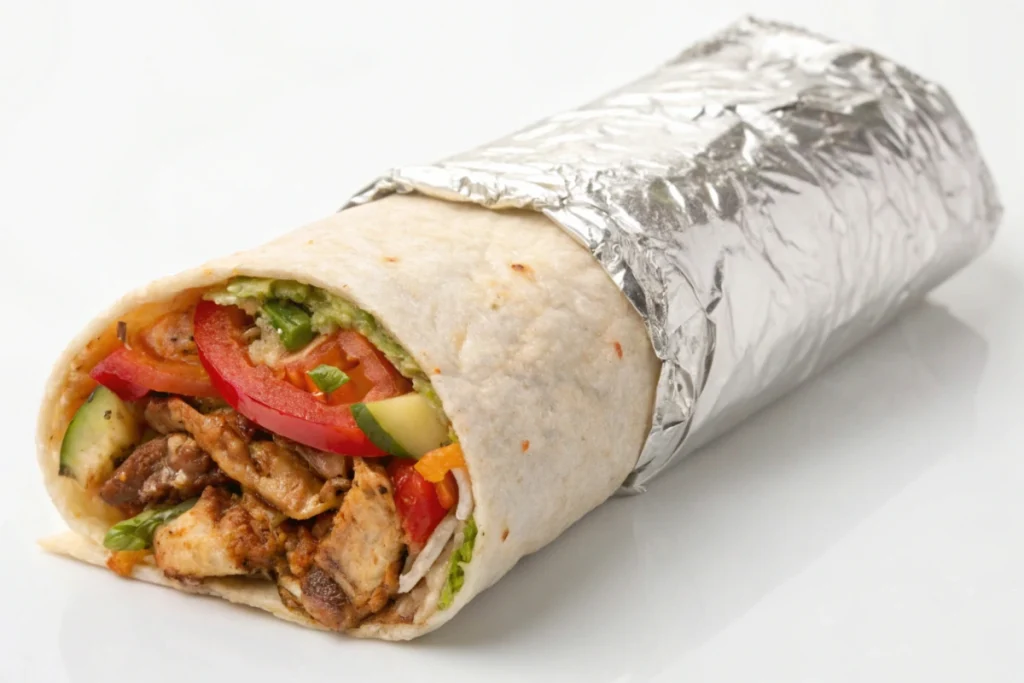 Wrap de frango grelhado com vegetais frescos e guacamole, parcialmente embrulhado em papel alumínio, sobre um fundo branco.