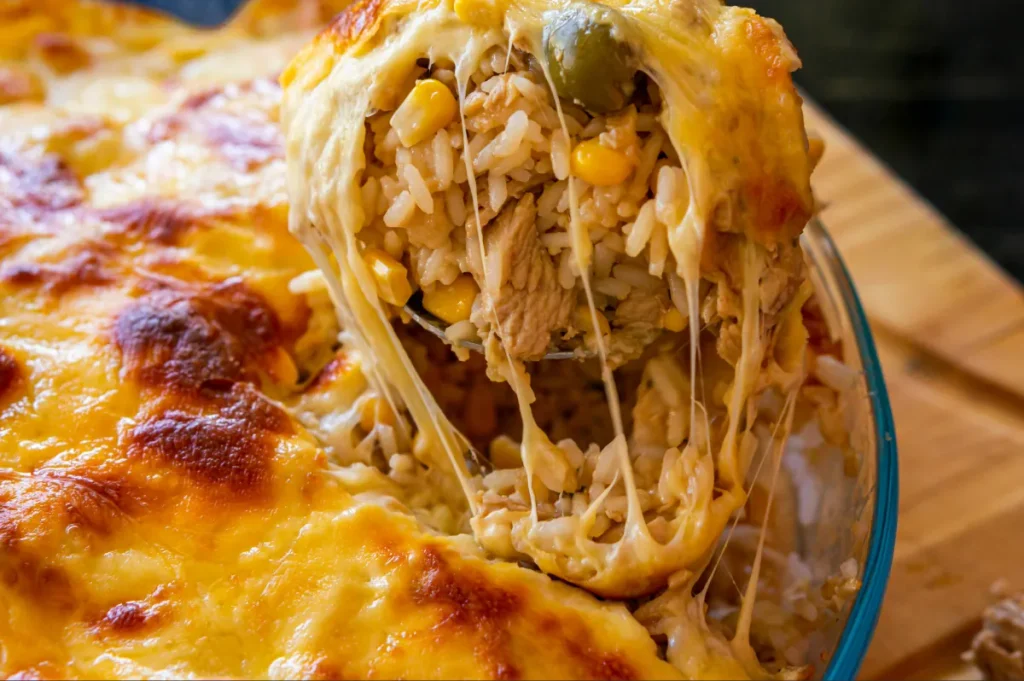 Close-up de uma colher retirando uma porção de arroz de forno cremoso com queijo derretido esticando, milho, azeitona e frango desfiado, revelando a camada gratinada dourada em um refratário.