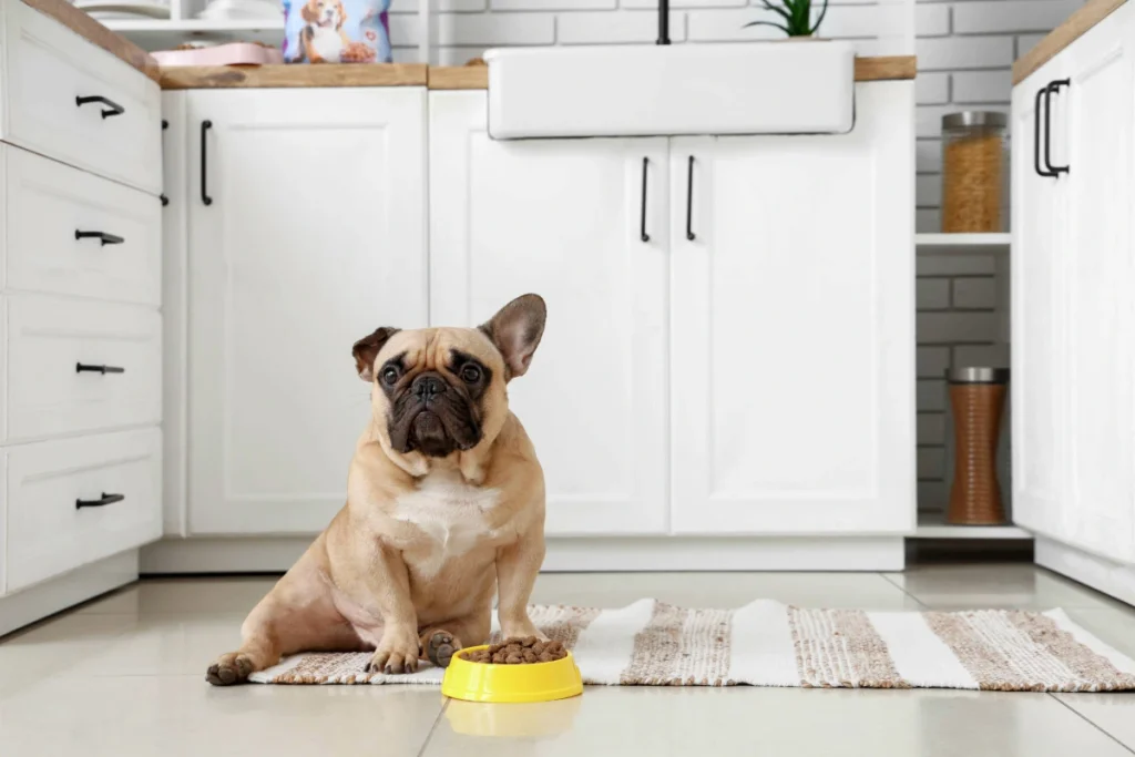 Ração seca ou úmida para cães? Vantagens, desvantagens e diferenças 2 Bulldog Francês sentado ao lado de um pote amarelo de ração em uma cozinha branca.