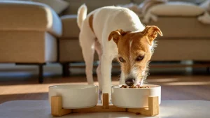Home 1 Cachorro pequeno de pelos brancos e marrons comendo ração seca em tigela branca com suporte de madeira na sala de estar.